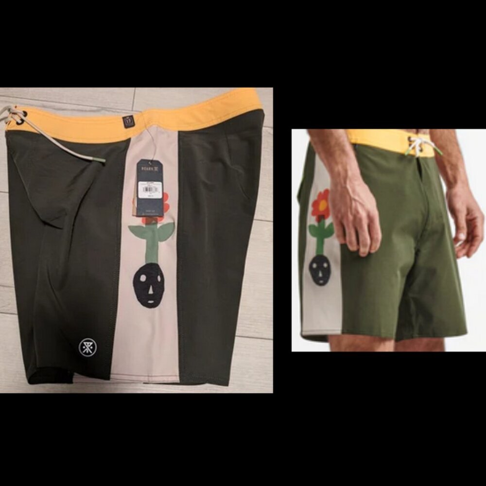 Roark Passage Panel 17''  Deep Roots Dark Military Mens Swimsuit Trunks Sz 38